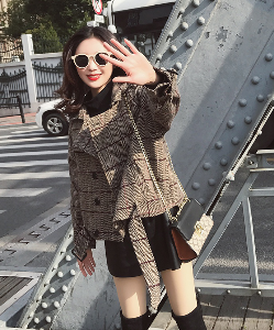 壹号凤 2018秋冬新款女冬装格子毛呢短外套女bf原宿宽松秋季短款韩版女装学生 图片色 M